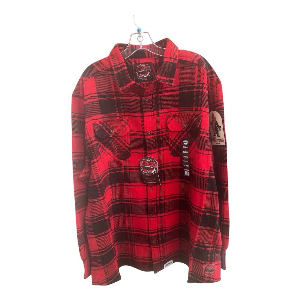 NWT Angry Minnow Shirt Men's 2XL Red Plaid Flannel Hamms Beer Bear Hockey
